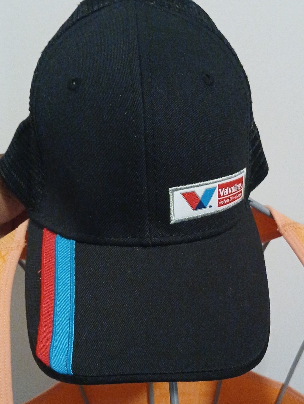 Valvoline Black Trucker Cap with Red and Blue Stripe